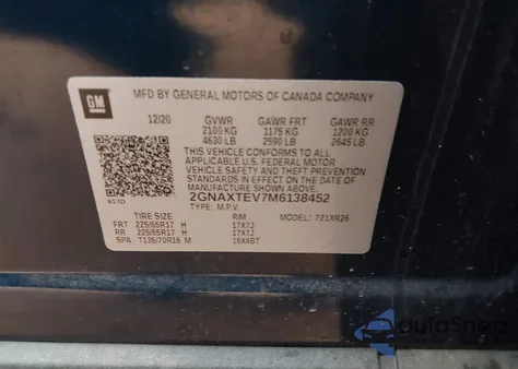 2021 Chevrolet Equinox Awd 2Fl z USA, uszkodzony, nr VIN 2GNAXTEV7M6138452